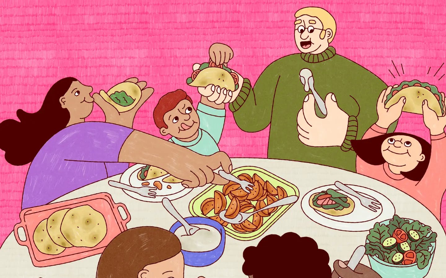 A colorful illustration of a family sharing food